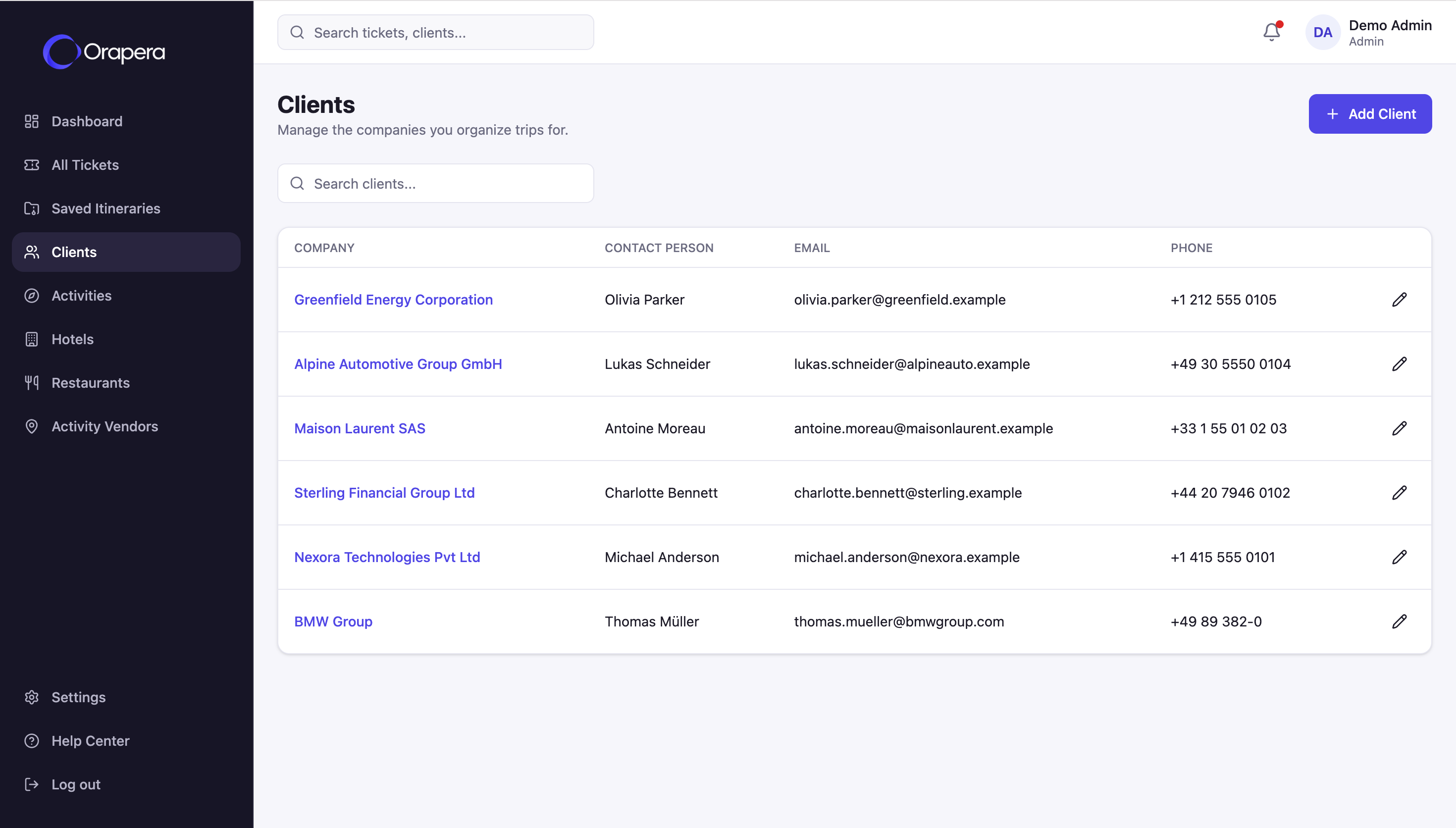 Orapera client management interface