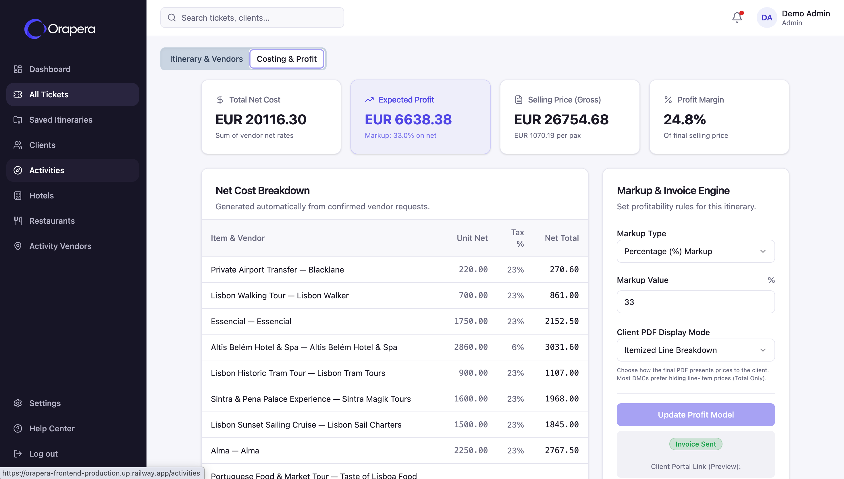 Orapera costing, profit and invoice engine interface