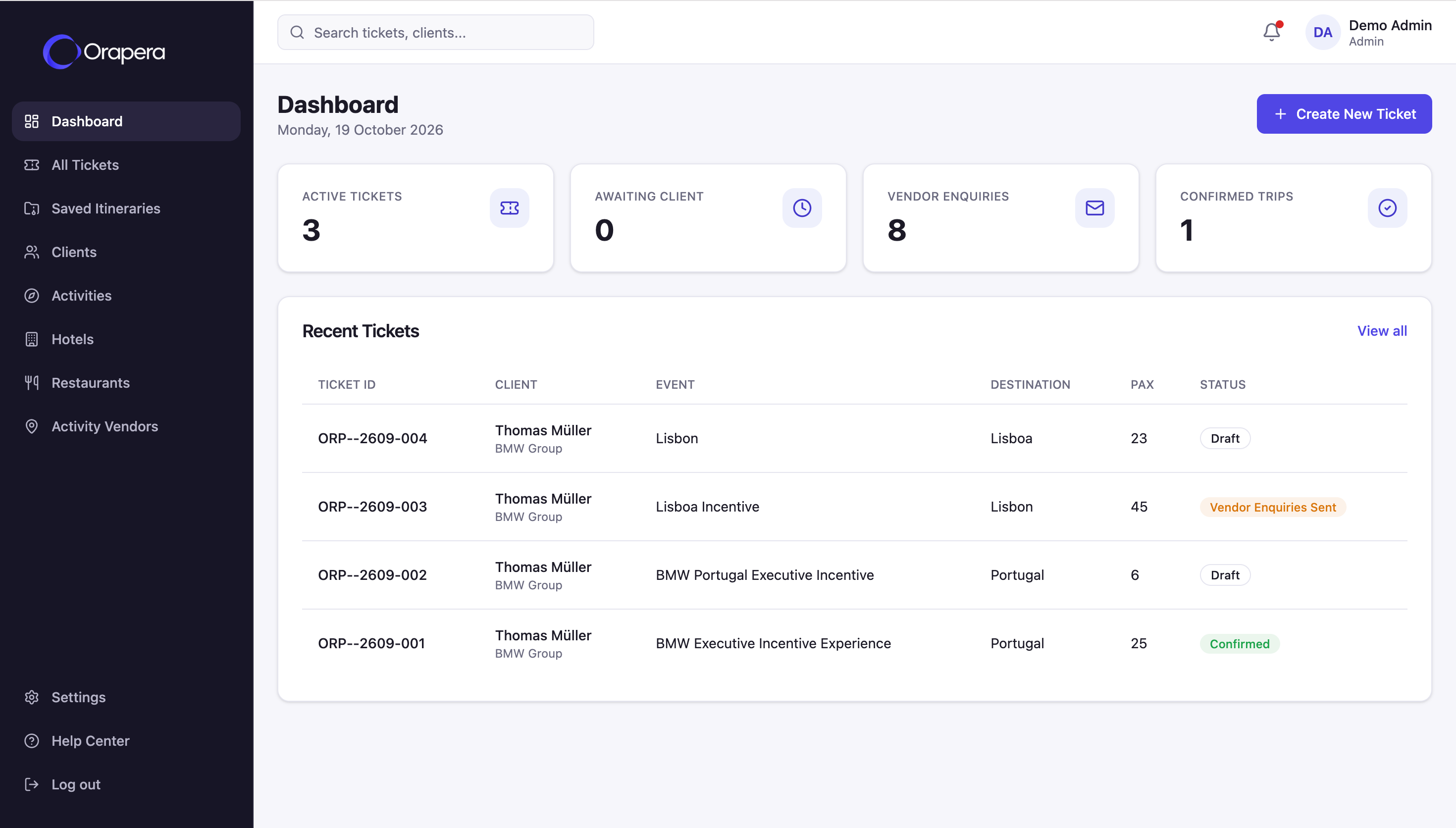 Orapera dashboard showing travel tickets and operations