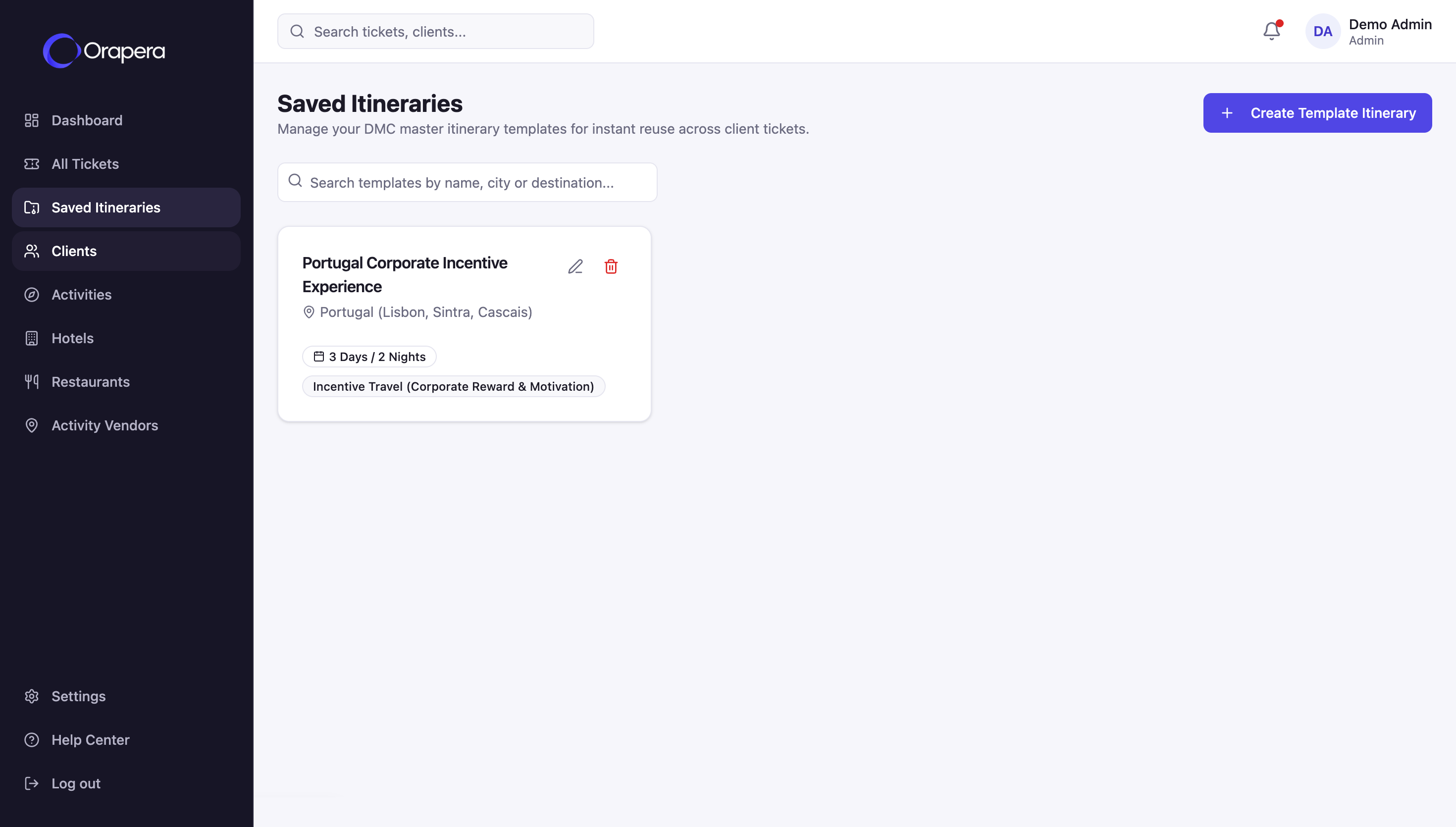 Orapera saved itineraries interface